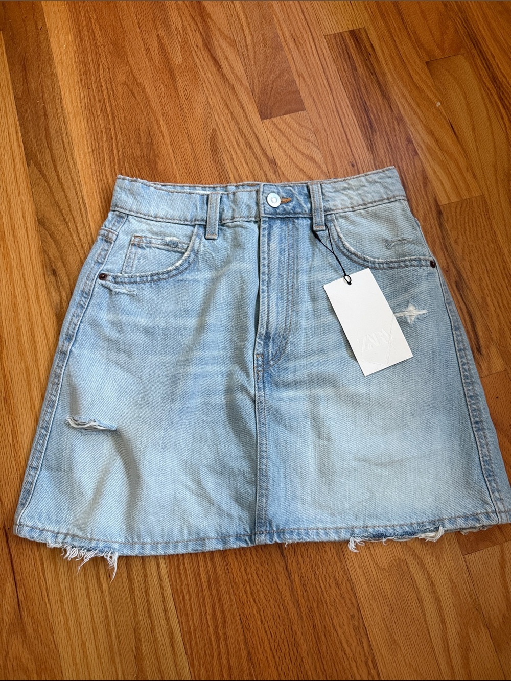 Zara Light Blue Denim A-Line Mini Skirt with Frayed Hem